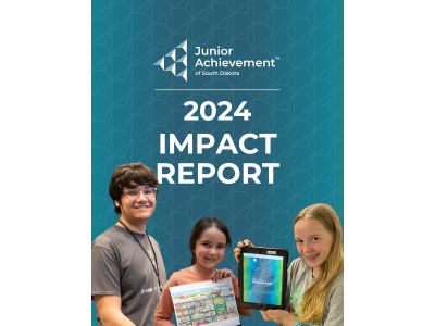 Front cover of 2024 JASD Impact Report, photo of boy at JA Inspire, photo of girl holding up JA curriculum, photo of girl holding up JA Finance Park iPad, all smiling at the camera