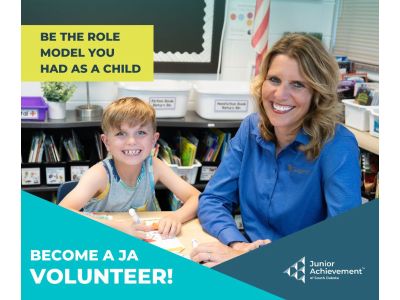 JA volunteer and student with text saying Be the role model you had as a child become a JA volunteer!