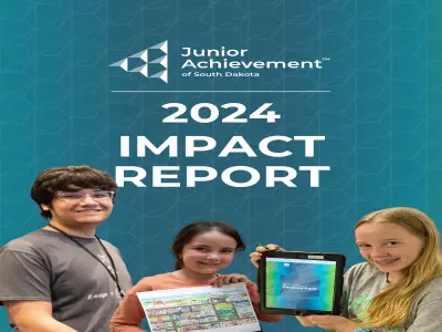 Front cover of 2024 JASD Impact Report, photo of boy at JA Inspire, photo of girl holding up JA curriculum, photo of girl holding up JA Finance Park iPad, all smiling at the camera