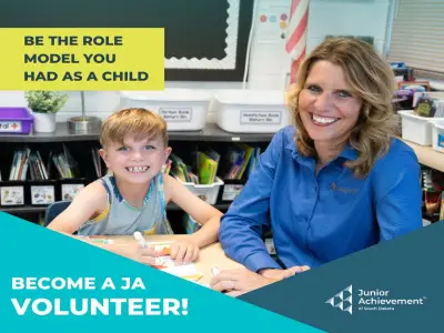 JA volunteer and student with text saying Be the role model you had as a child become a JA volunteer!